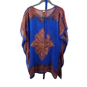 Womens 100% Silk Blue Geometric Short Kaftan Kimono Belted Swimsuit Cover Up